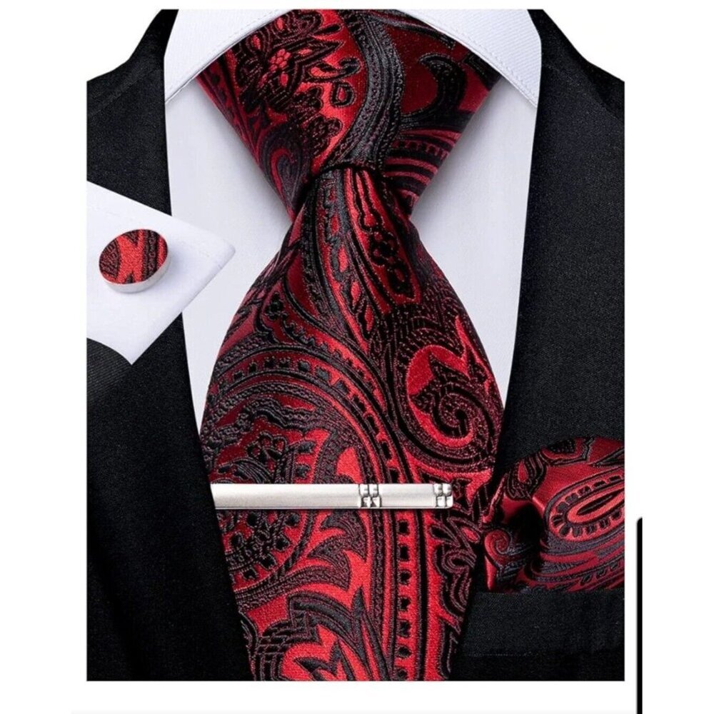 Silk Paisley Tie, Pocket Square And Cufflinks